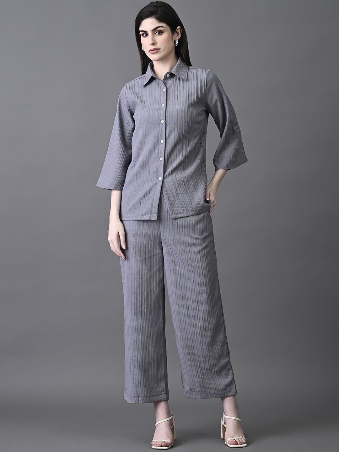 

Myshka Self Design Shirt Collar Three-Quarter Sleeves Shirt With Trouser, Grey