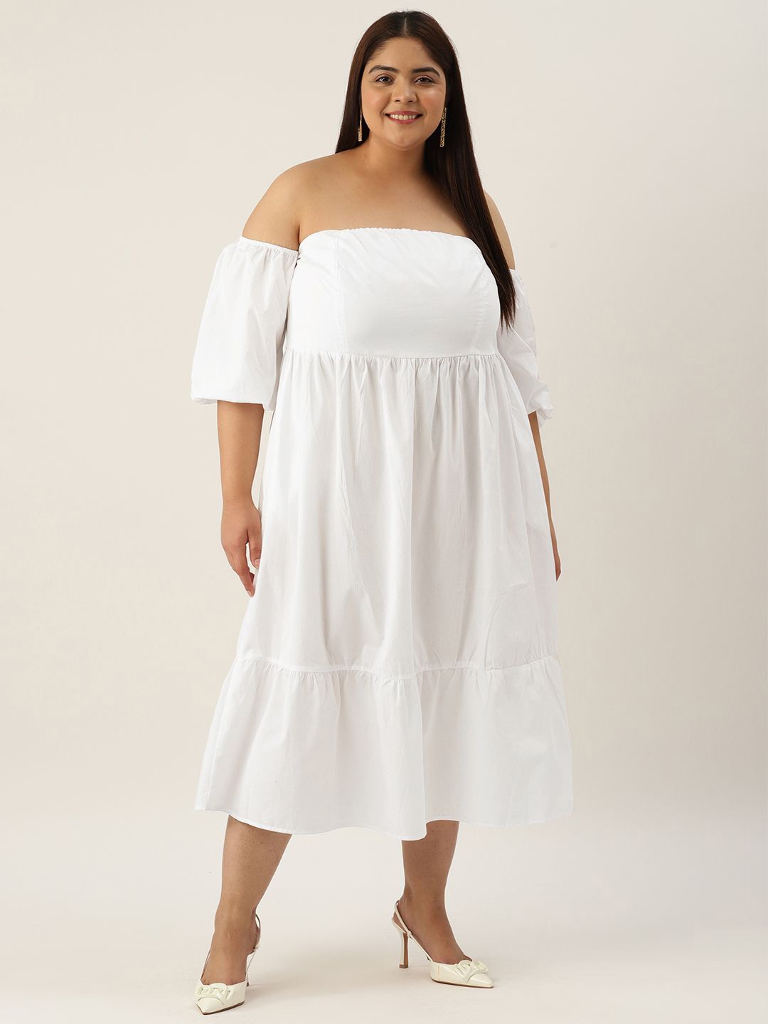 

theRebelinme Off-Shoulder Puff Sleeve A-Line Midi Dress, White