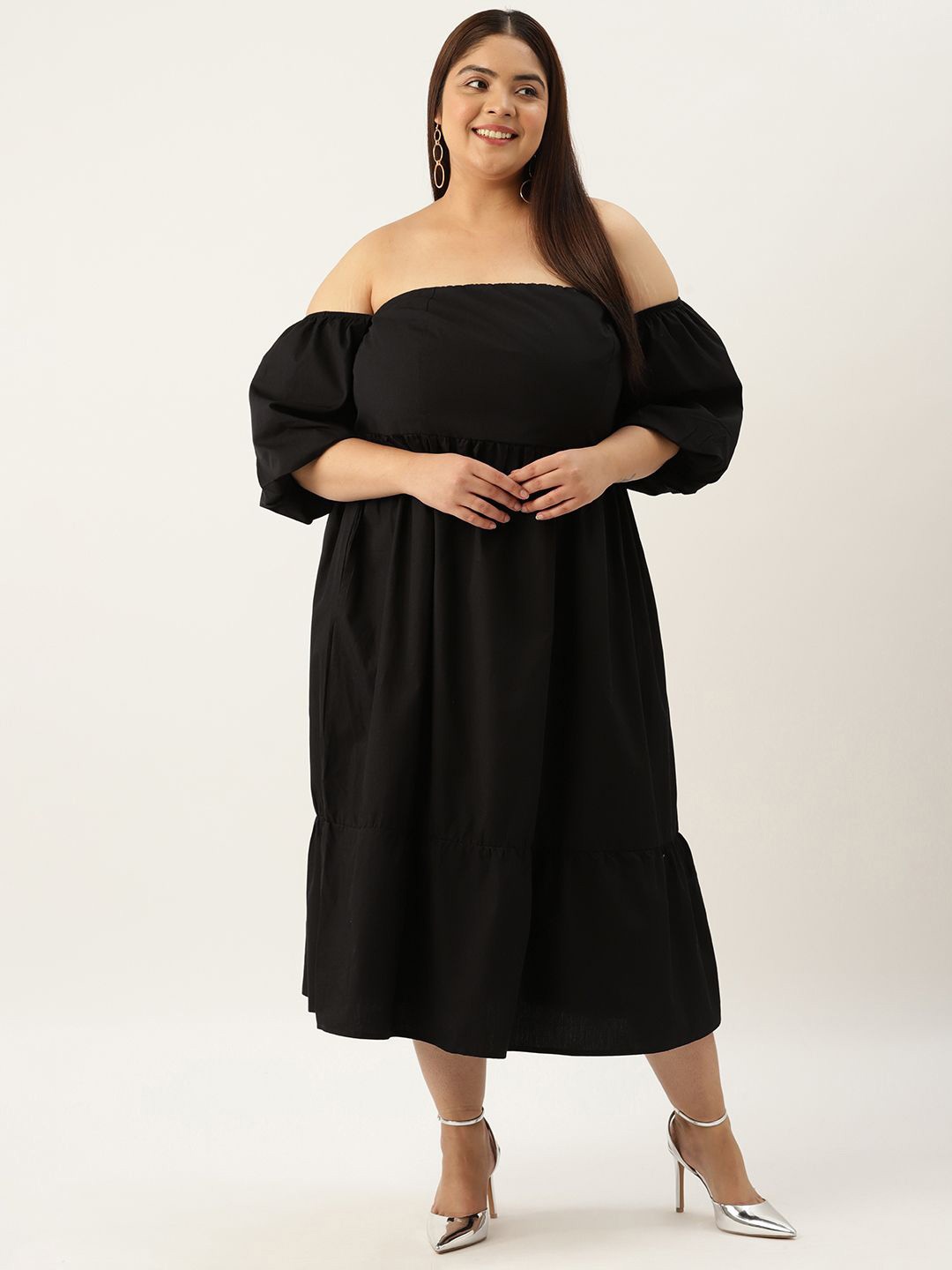 

theRebelinme Off-Shoulder Puff Sleeve A-Line Midi Dress, Black