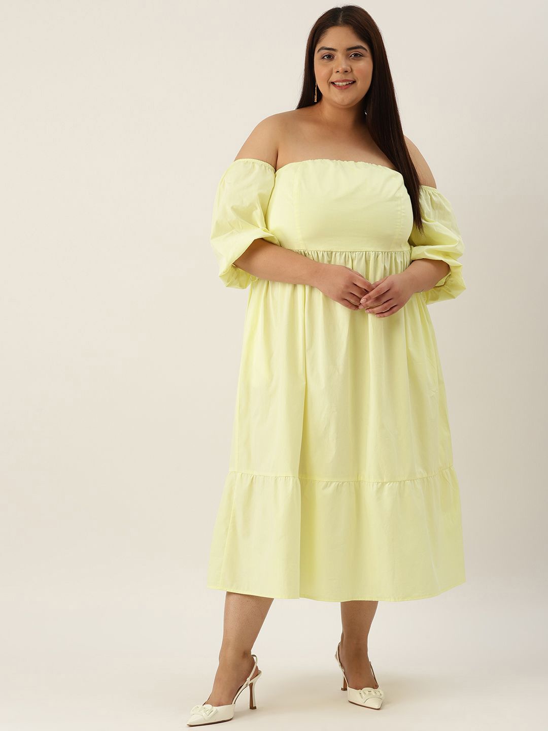 

theRebelinme Off-Shoulder Puff Sleeve A-Line Midi Dress, Lime green