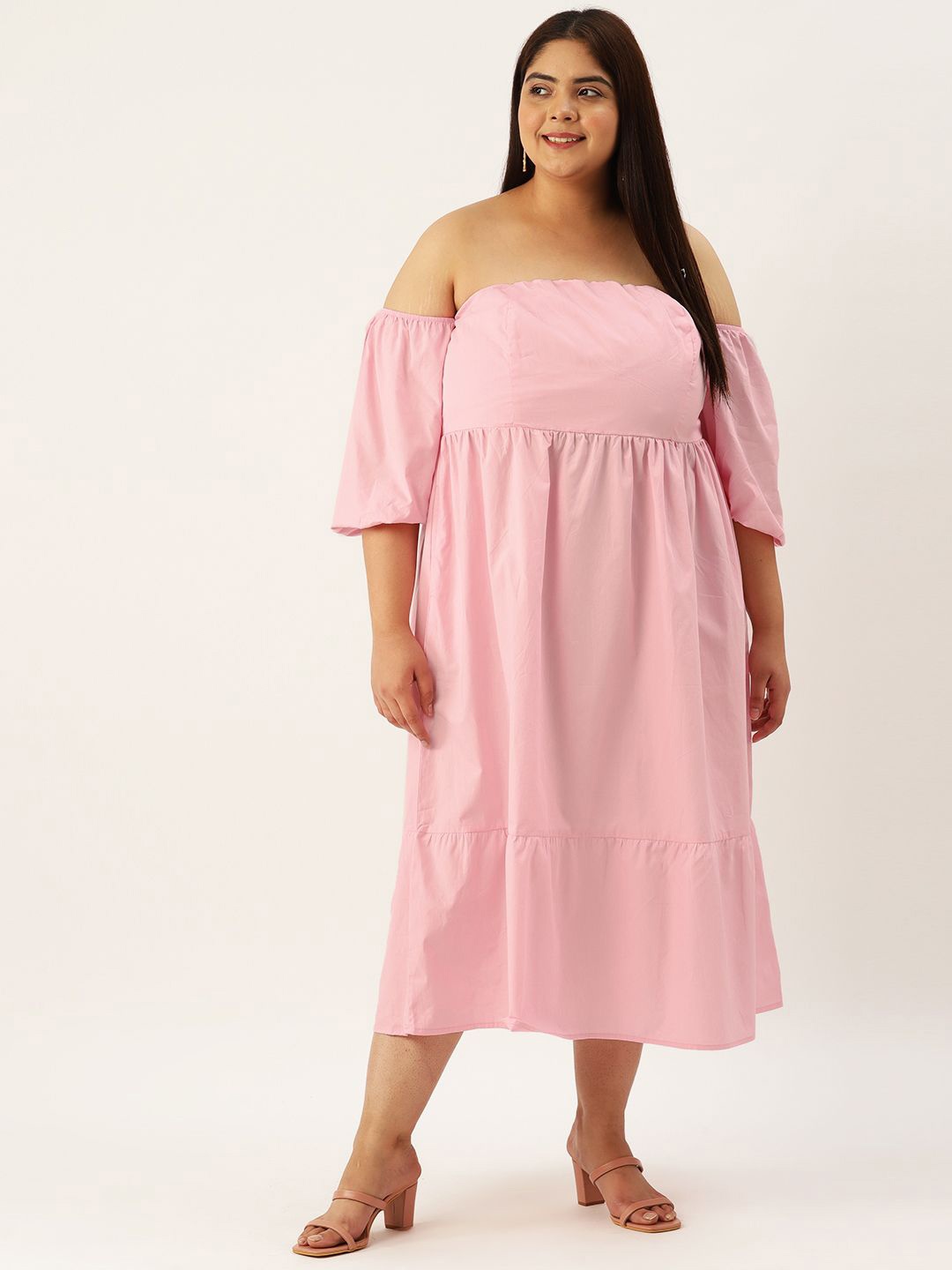 

theRebelinme Off-Shoulder Puff Sleeve A-Line Midi Dress, Pink
