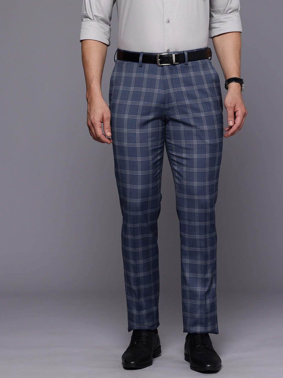 

Theme Men Checked Slim Fit Formal Trousers, Blue