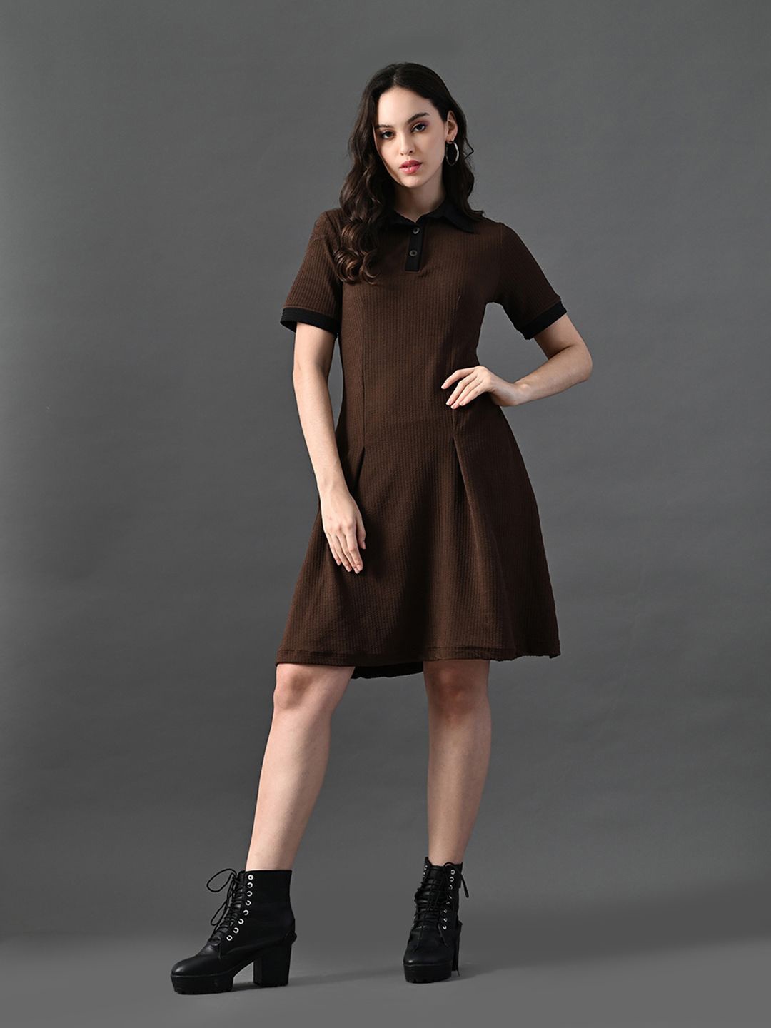 

Myshka Puff Sleeve A-Line Dress, Coffee brown