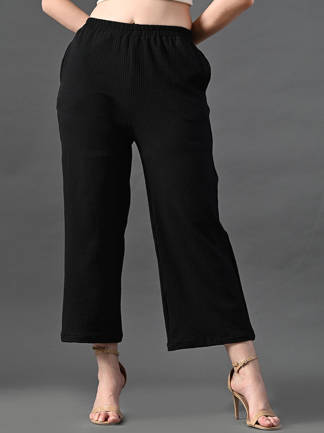 

Myshka Women Relaxed High-Rise Easy Wash Trousers, Black