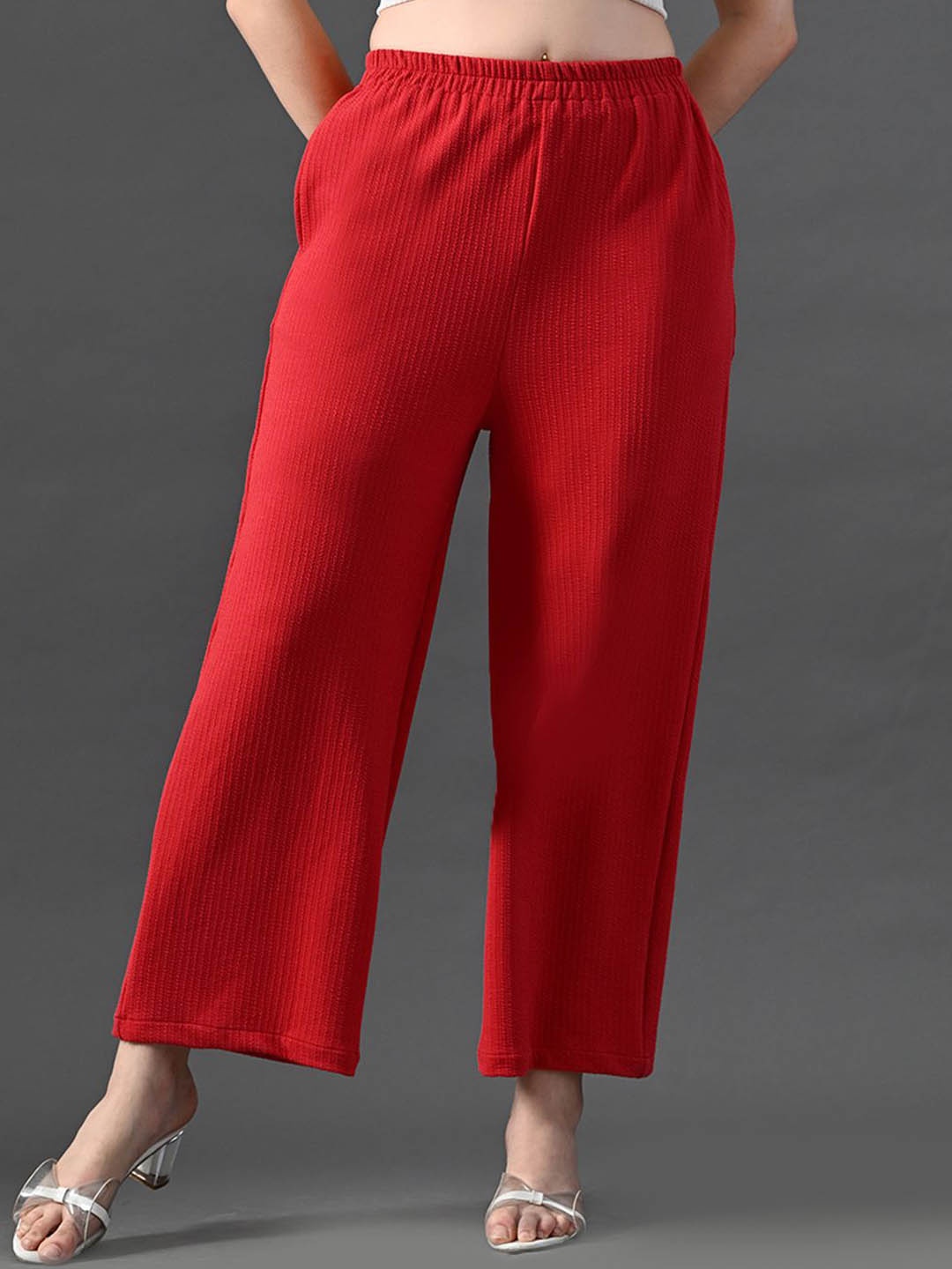 

Myshka Women Relaxed High-Rise Easy Wash Trousers, Red