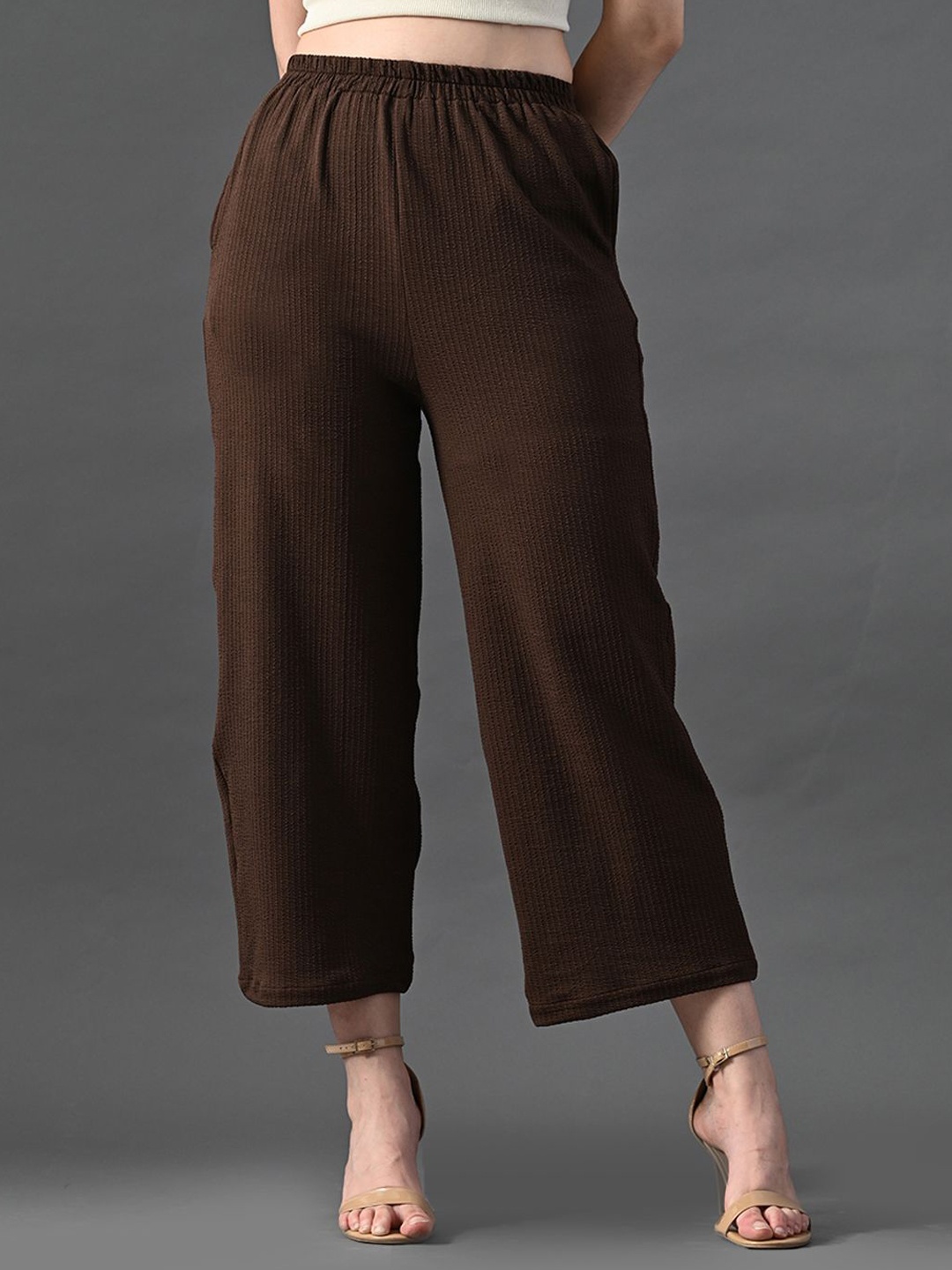 

Myshka Women Relaxed High-Rise Easy Wash Trousers, Coffee brown