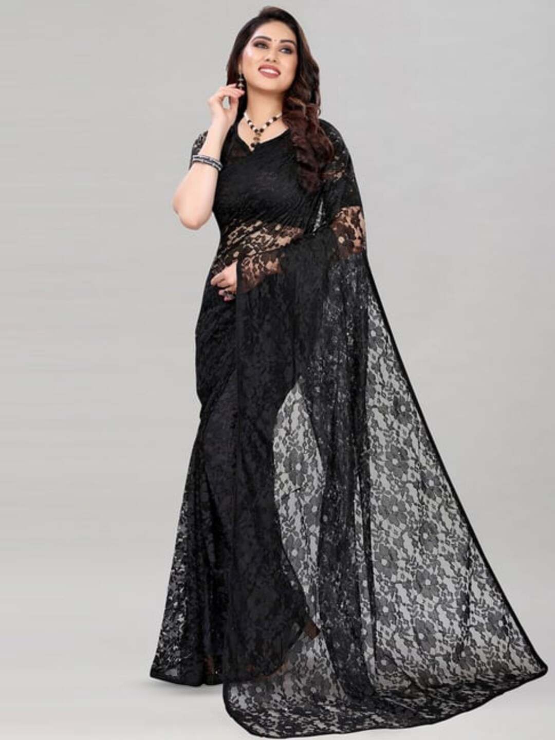 

VRAGI Floral Net Saree, Black