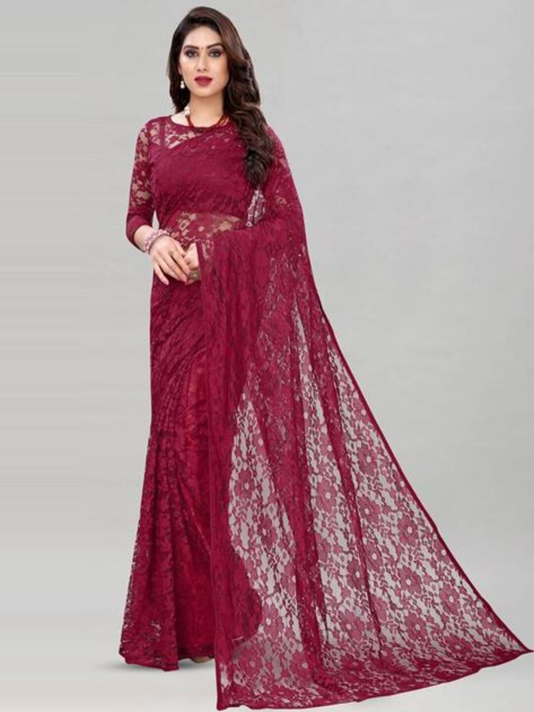 

VRAGI Floral Net Saree, Magenta