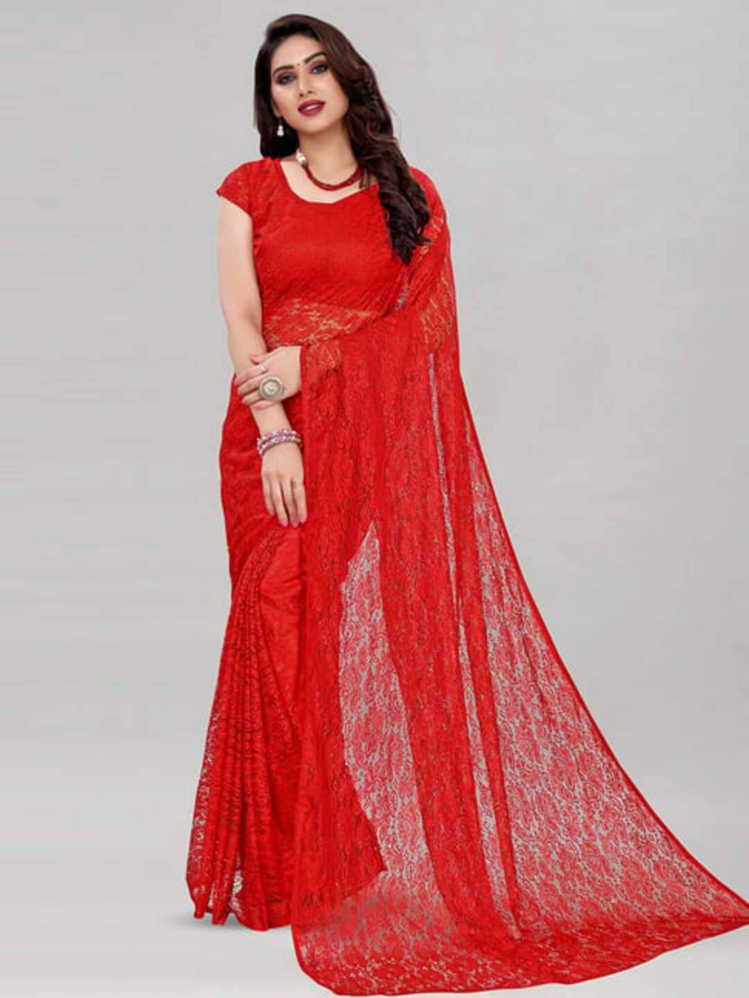

VRAGI Floral Net Saree, Red