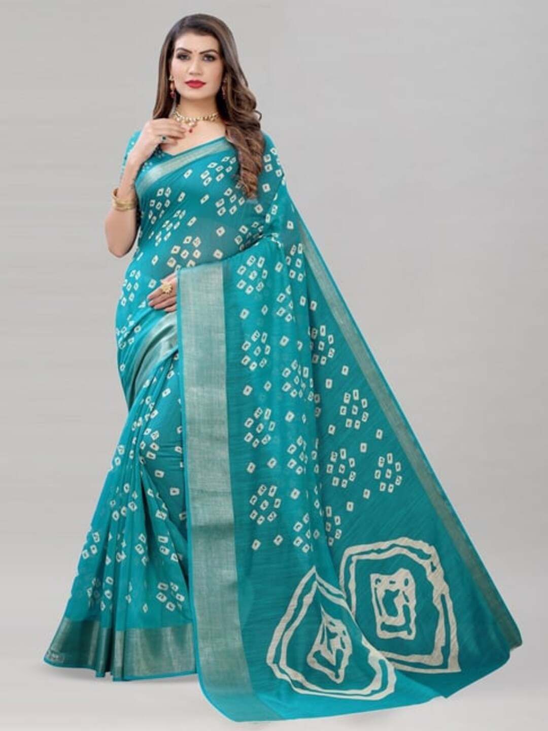 

VRAGI Bandhani Zari Pure Cotton Bagh Saree, Turquoise blue