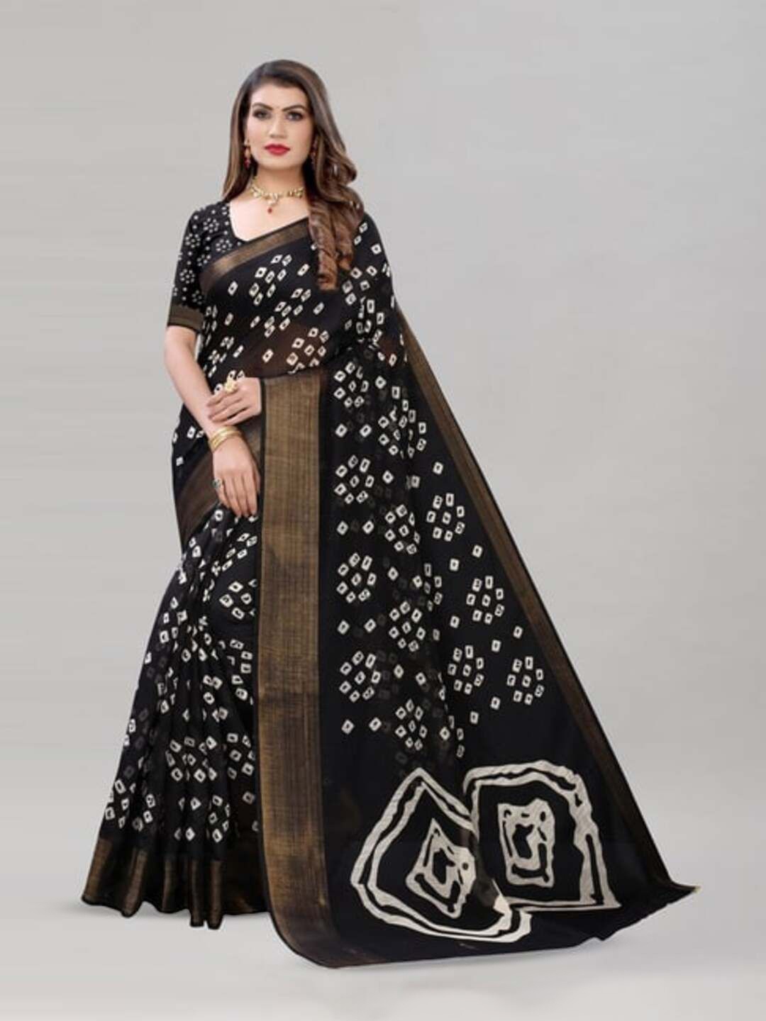 

VRAGI Bandhani Zari Pure Cotton Bagh Saree, Black