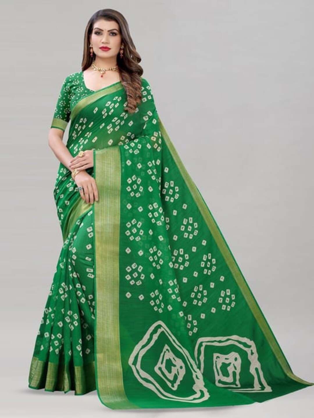 

VRAGI Bandhani Zari Pure Cotton Bagh Saree, Green