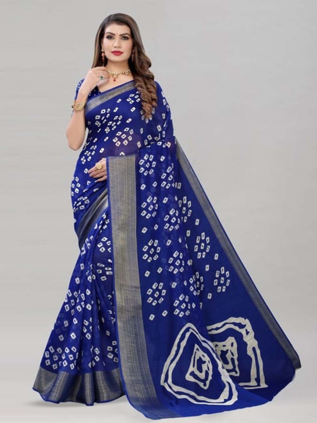 

VRAGI Bandhani Zari Pure Cotton Bagh Saree, Blue