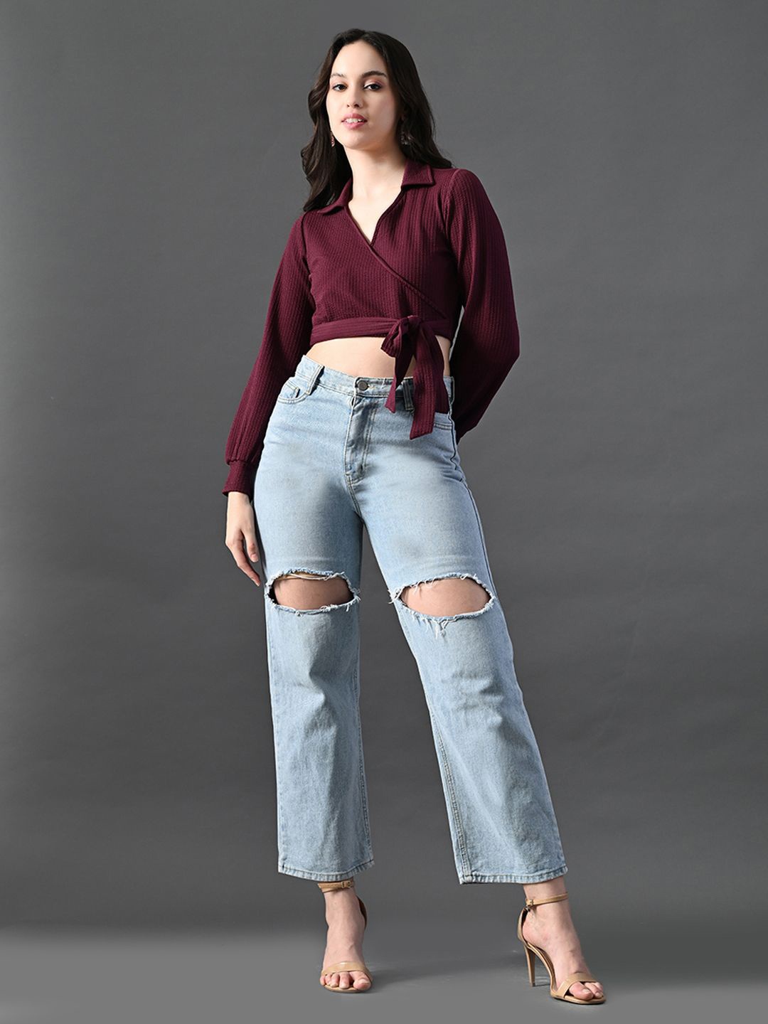 

Myshka Mandarin Collar Flared Sleeve Crop Top, Magenta