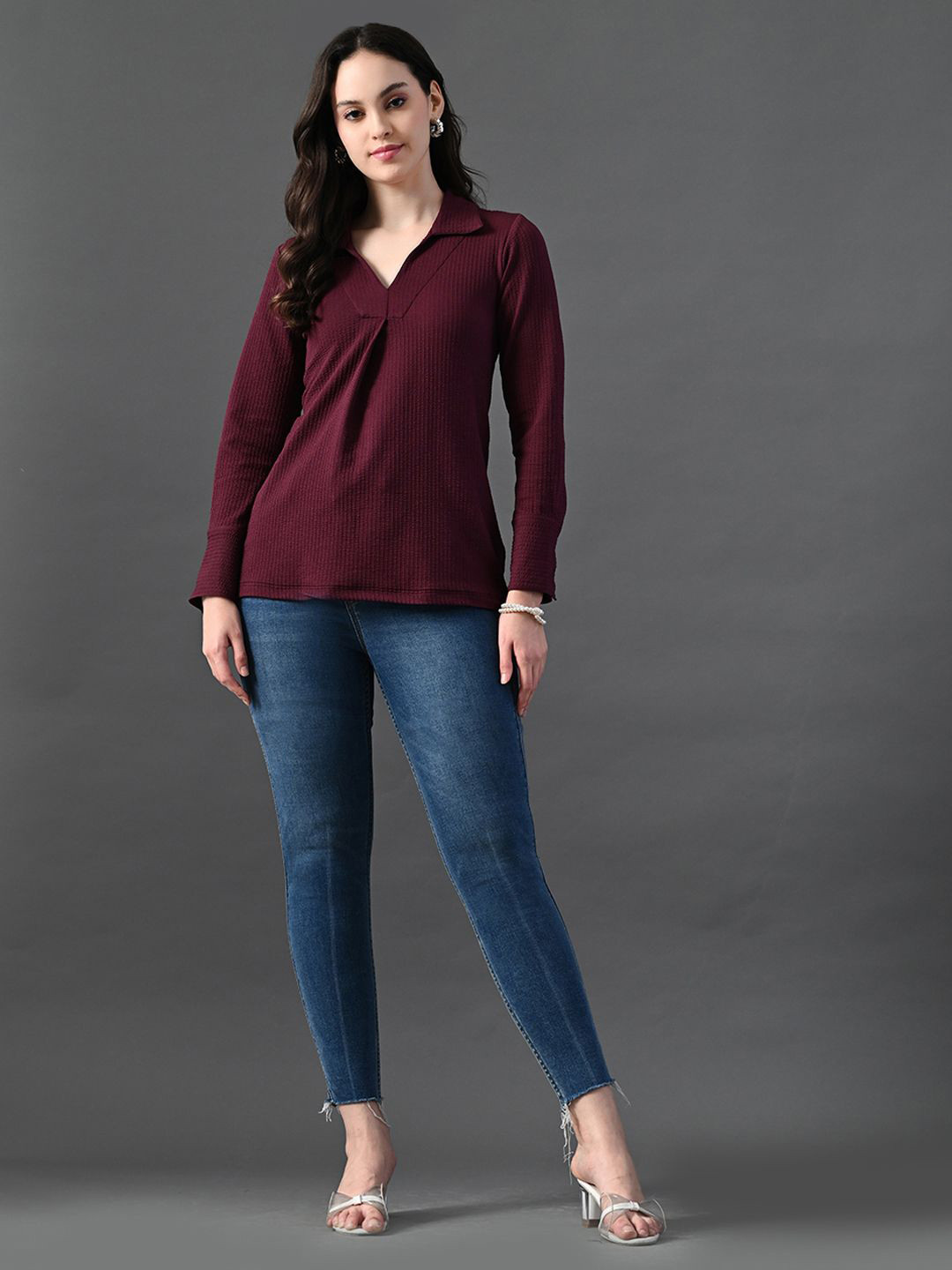 

Myshka Mandarin Collar Flared Sleeve Top, Magenta