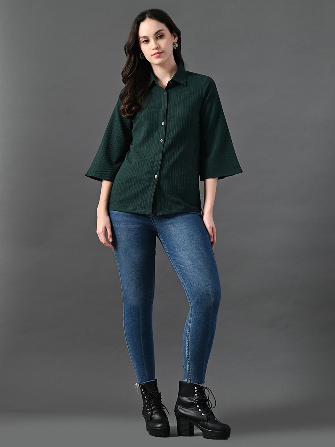 

Myshka Mandarin Collar Flared Sleeve Top, Green