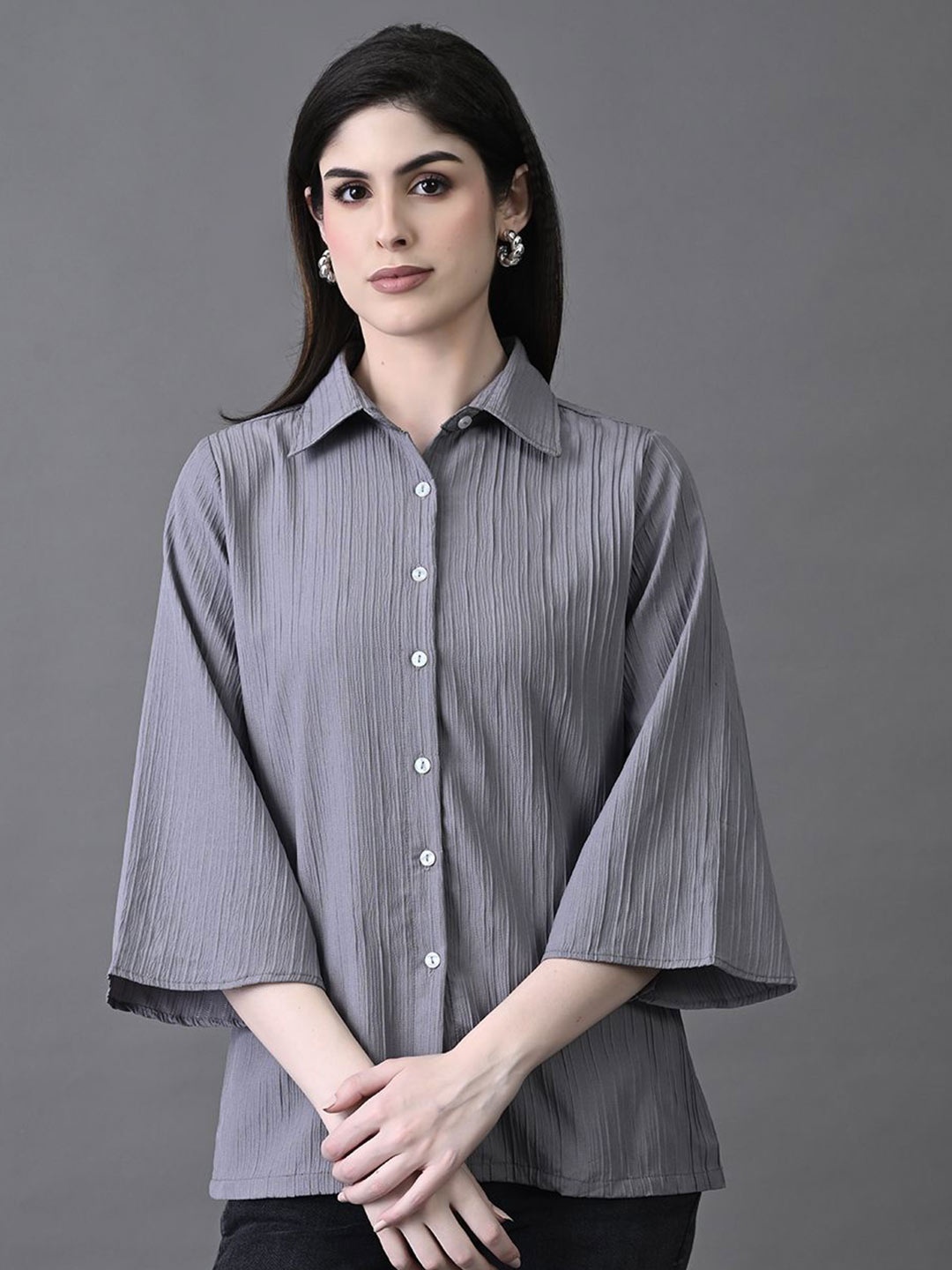 

Myshka Mandarin Collar Flared Sleeve Top, Grey