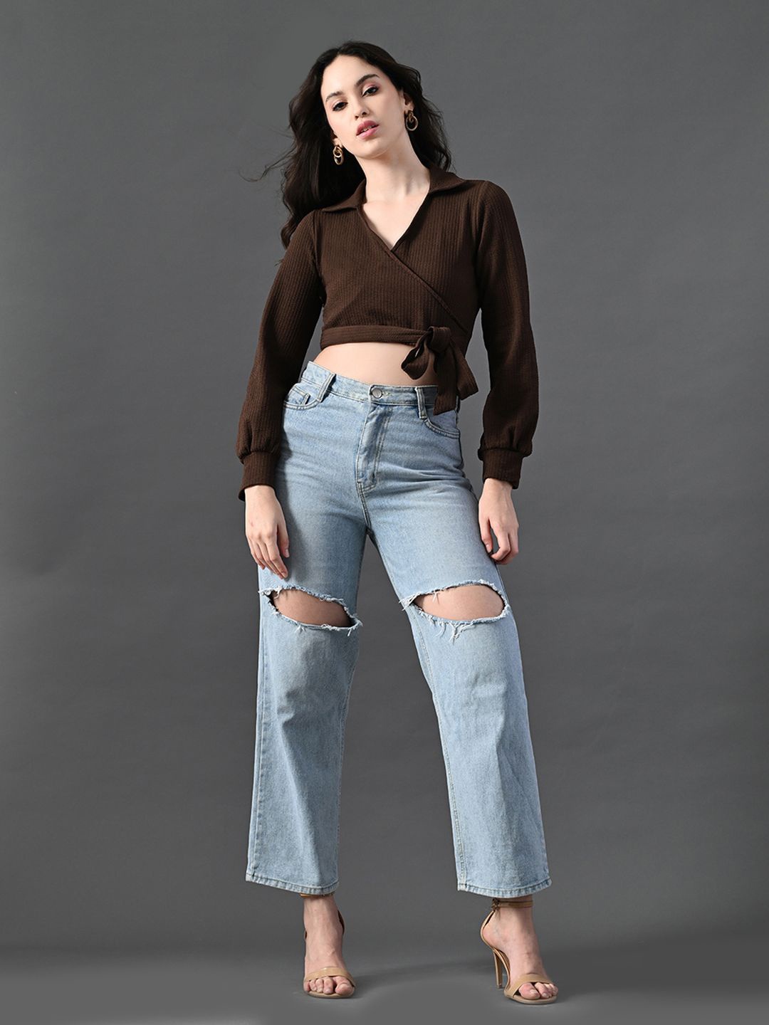 

Myshka Mandarin Collar Flared Sleeve Crop Top, Coffee brown