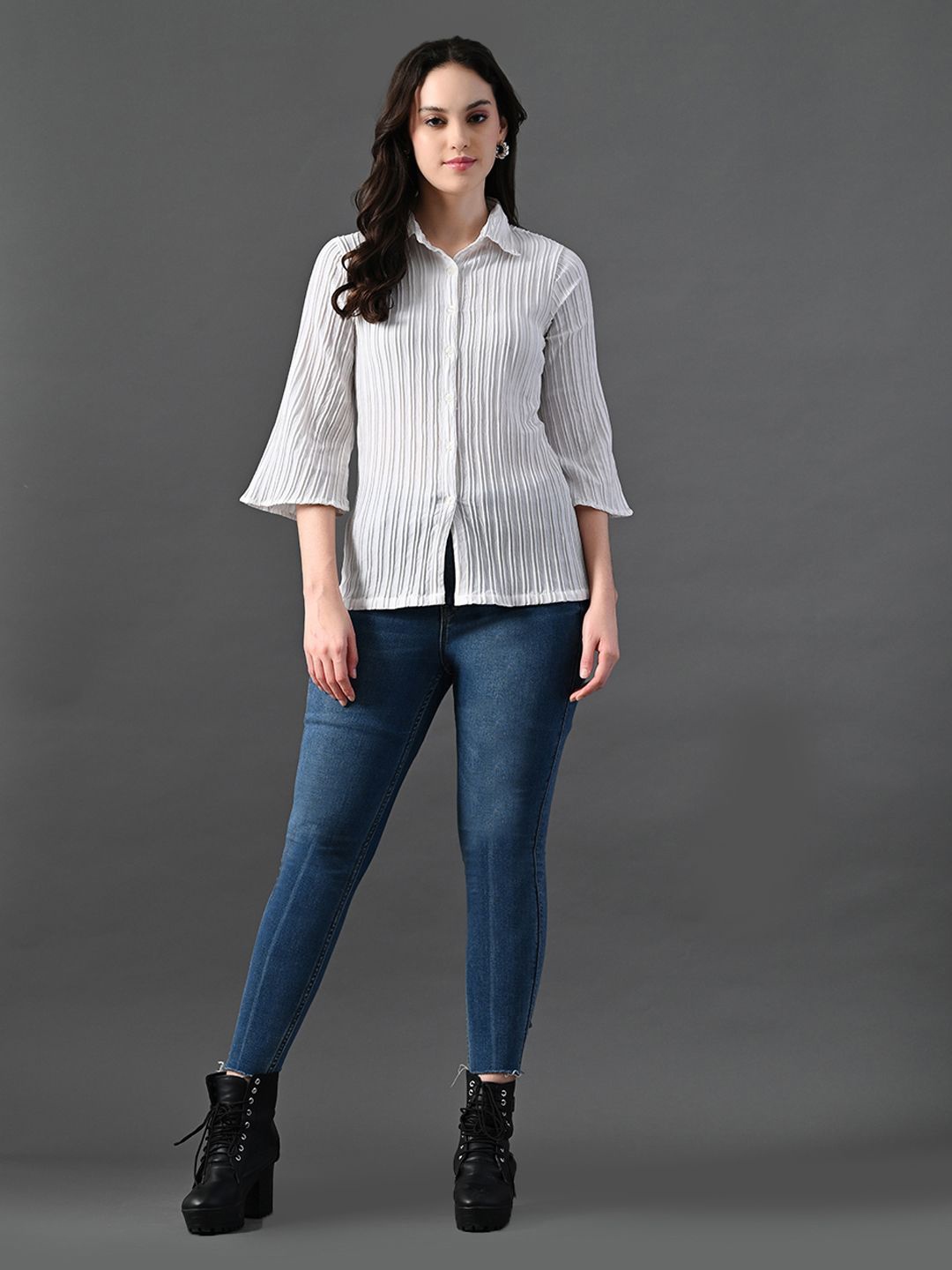 

Myshka Mandarin Collar Flared Sleeve Top, White