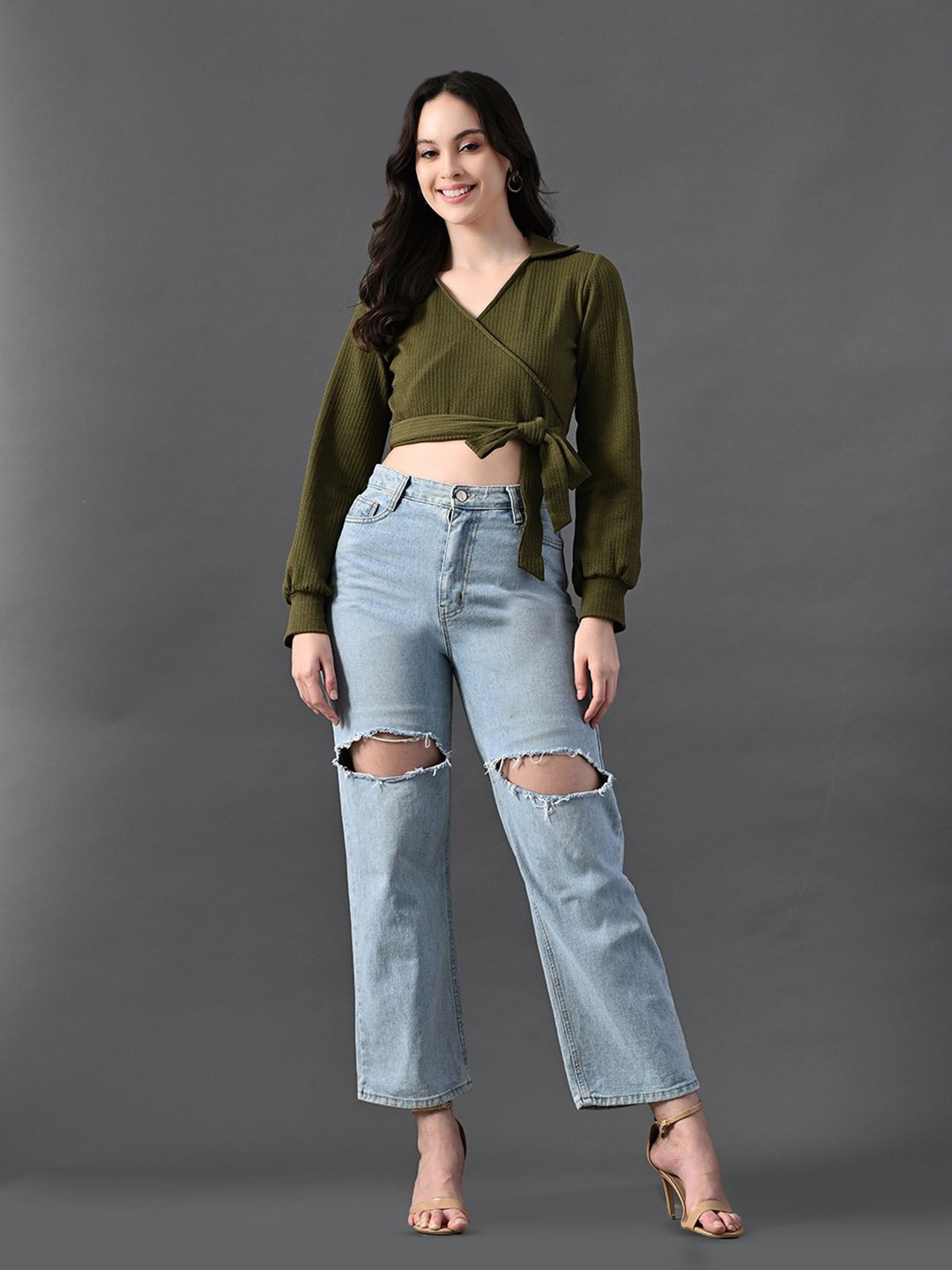 

Myshka Mandarin Collar Flared Sleeve Crop Top, Olive