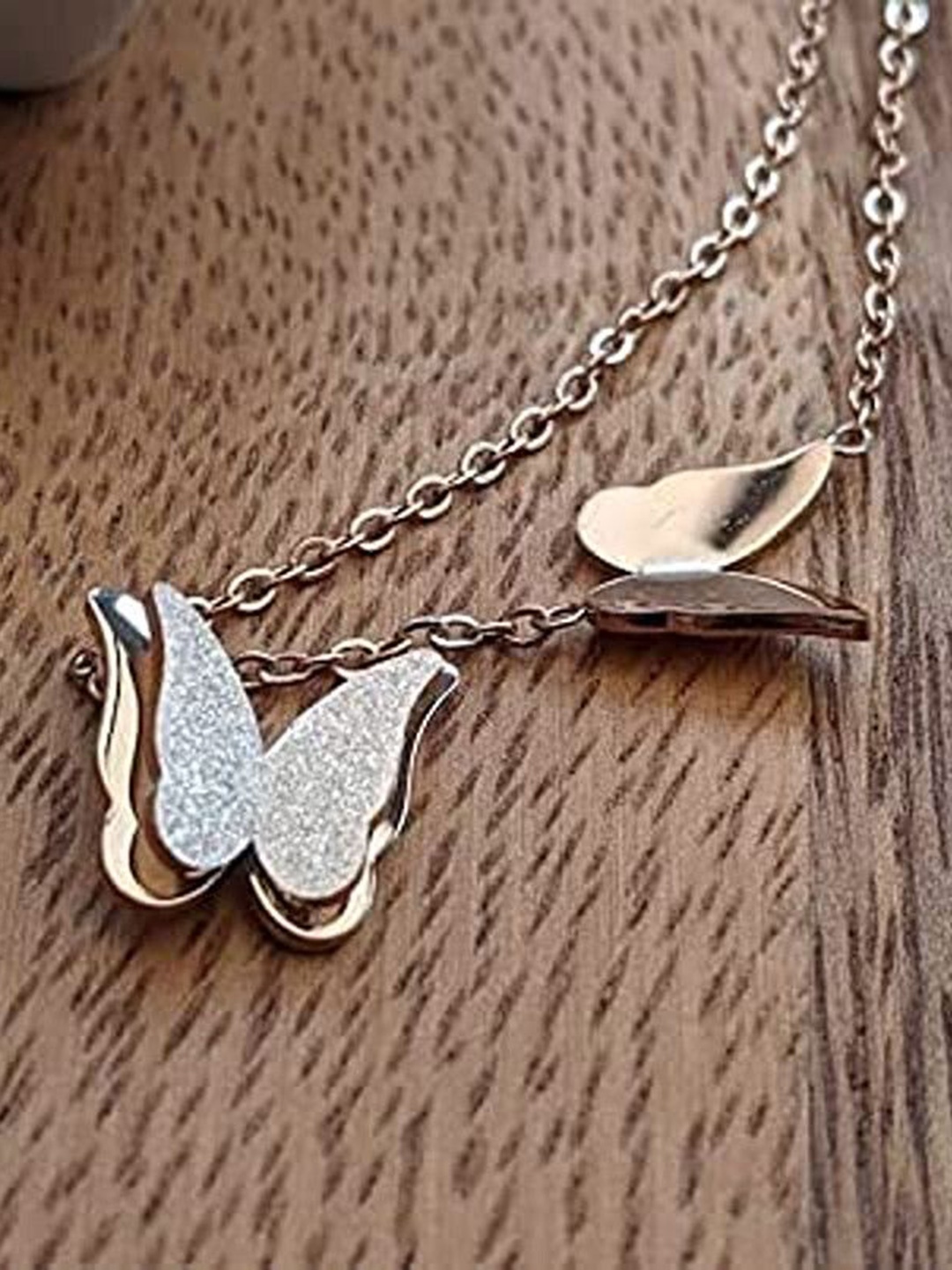 

Lila Unisex Stainless Steel Double Butterflies Pendant With Chain, Rose gold