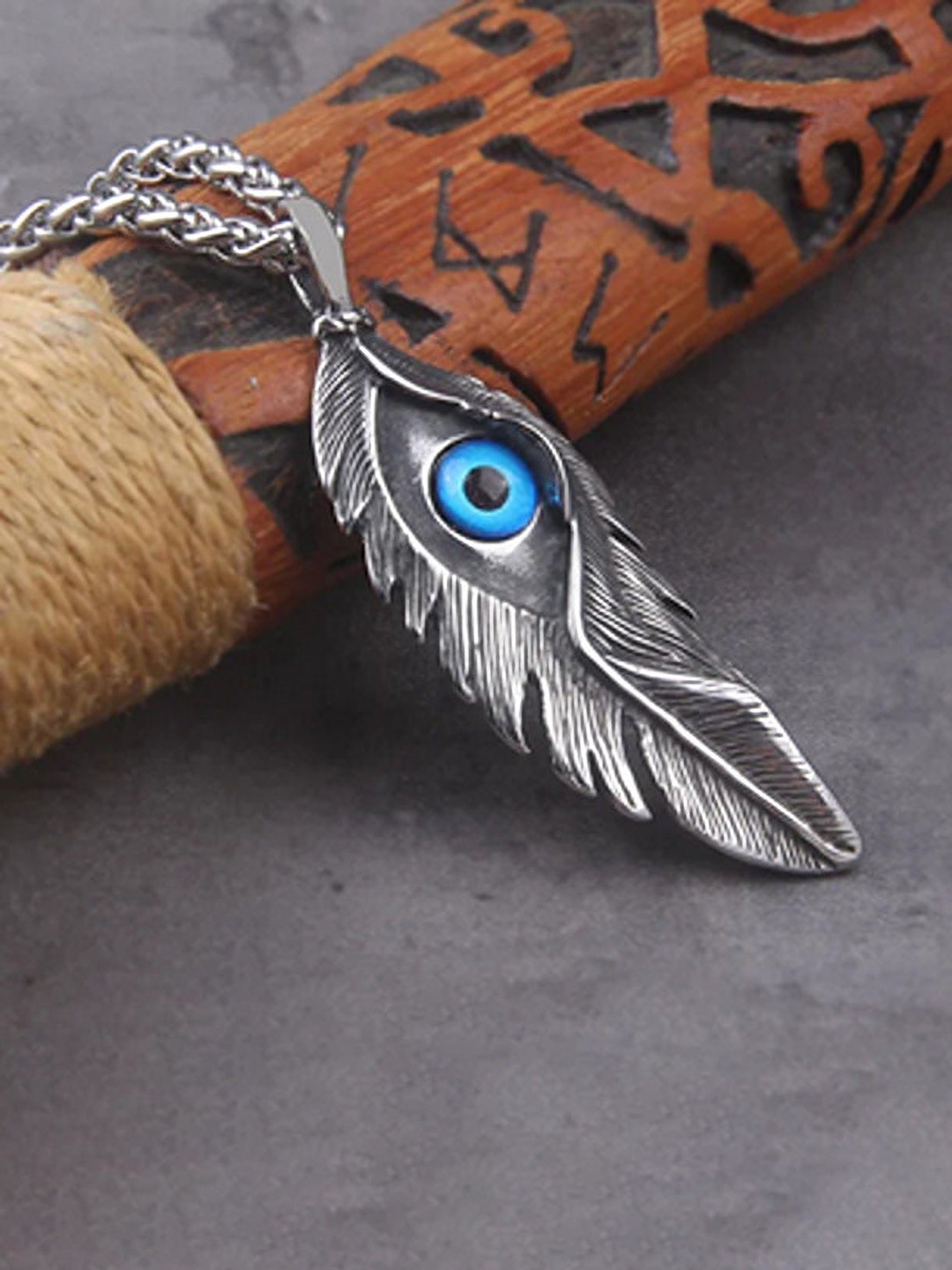 

Lila Stainless Steel Devil Eyes Feather Pendant with Chain, Silver