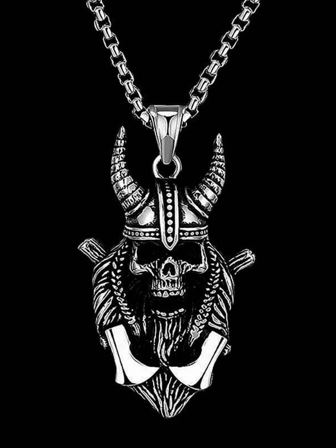 

Lila Stainless Steel Contemporary Helmet Horn Skull Pendant with Chain, Silver