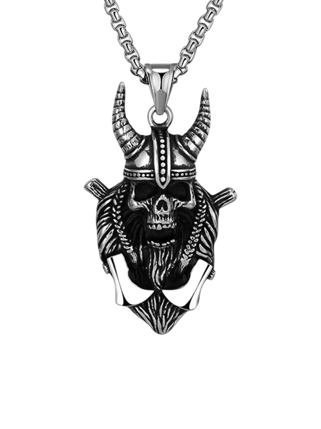 

Lila Stainless Steel Contemporary Helmet Horn Skull Pendant with Chain, Silver