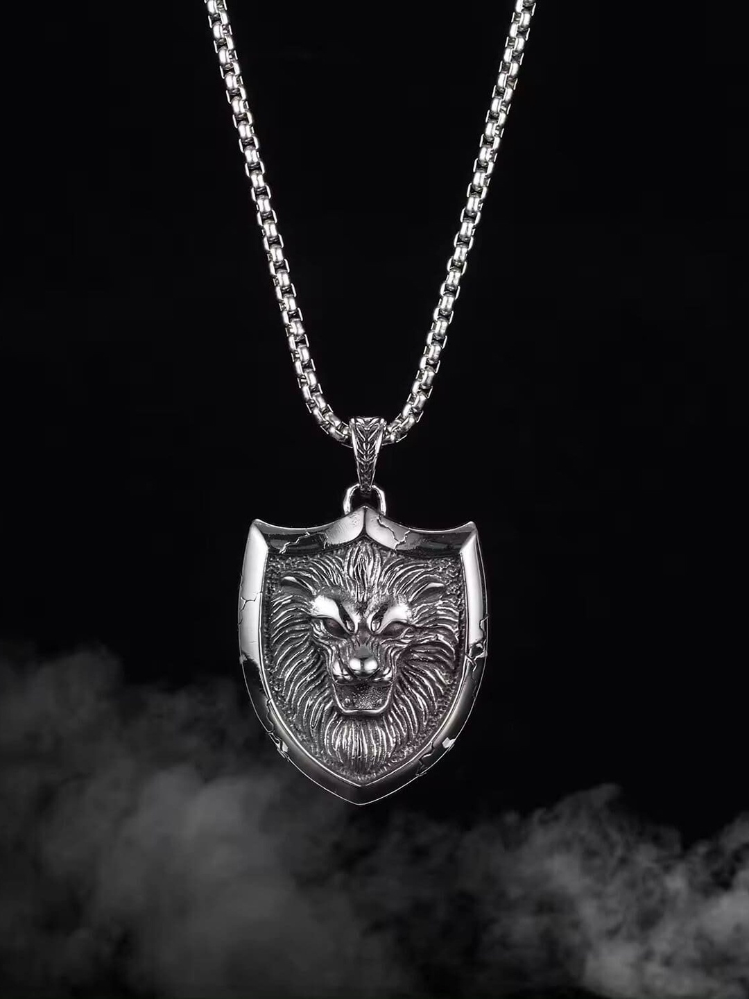 

Lila Stainless Steel King Of Lion Oxidised Pendants With Chain, Silver