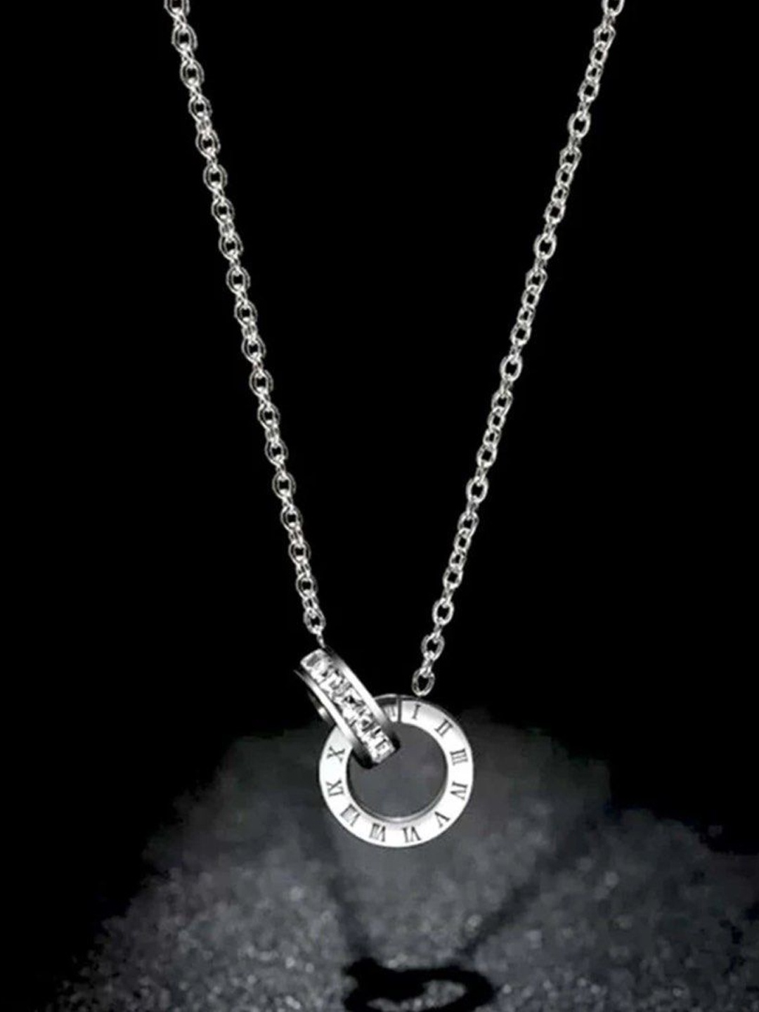 

Lila Circular Roman Numericals Stainless Steel Pendants With Chains, Silver