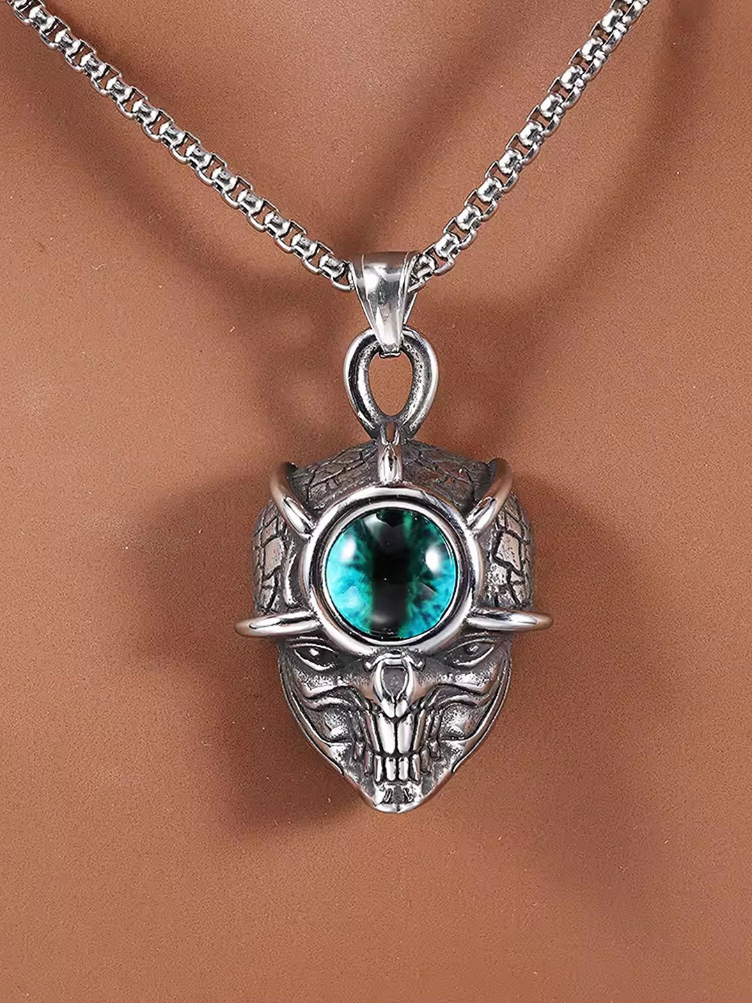 

Lila Stainless Steel Oval Demon Eye Shape Pendants with Chains, Silver