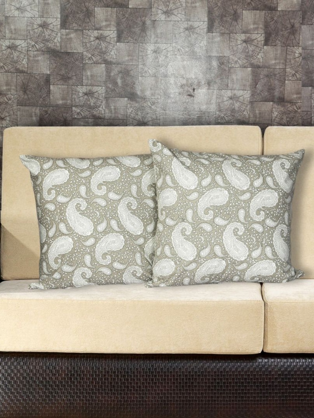 

INDHOME LIFE Grey & White 3 Pieces Ethnic Motifs Printed Cotton Square Cushion Cover