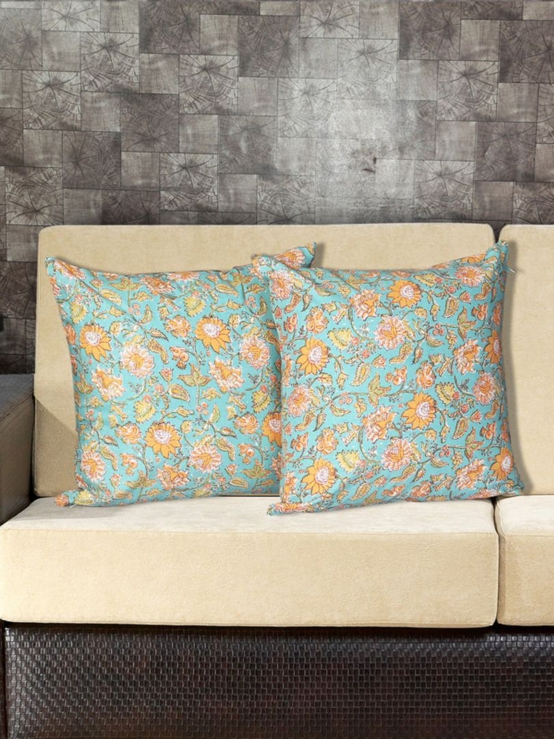 

INDHOME LIFE Blue & Yellow 2 Pieces Floral Printed Cotton Square Cushion Covers