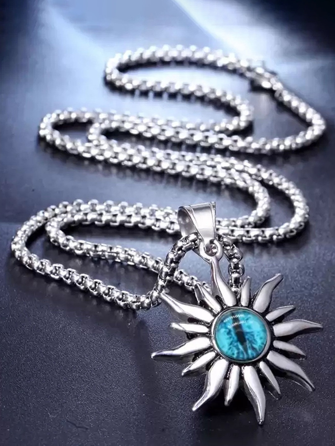 

Lila Unisex Stainless Steel Stone Studded Sun Devil Blue Eye Circular Pendant With Chain, Silver