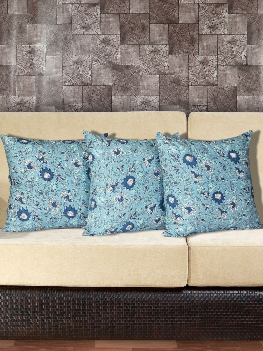 

INDHOME LIFE Blue & Navy Blue 3 Pieces Floral Printed Cotton Square Cushion Covers