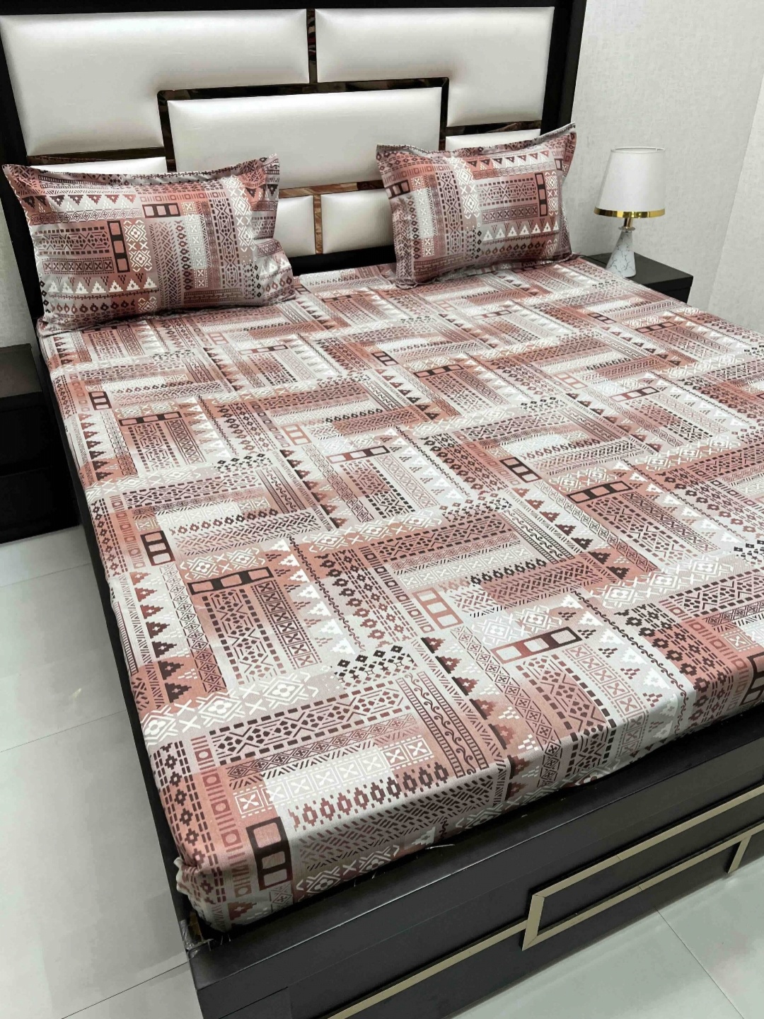 Velar Fur Sib Brown Printed Pure Cotton 230 TC King Bedsheet Set 2.74 x 2.74 m