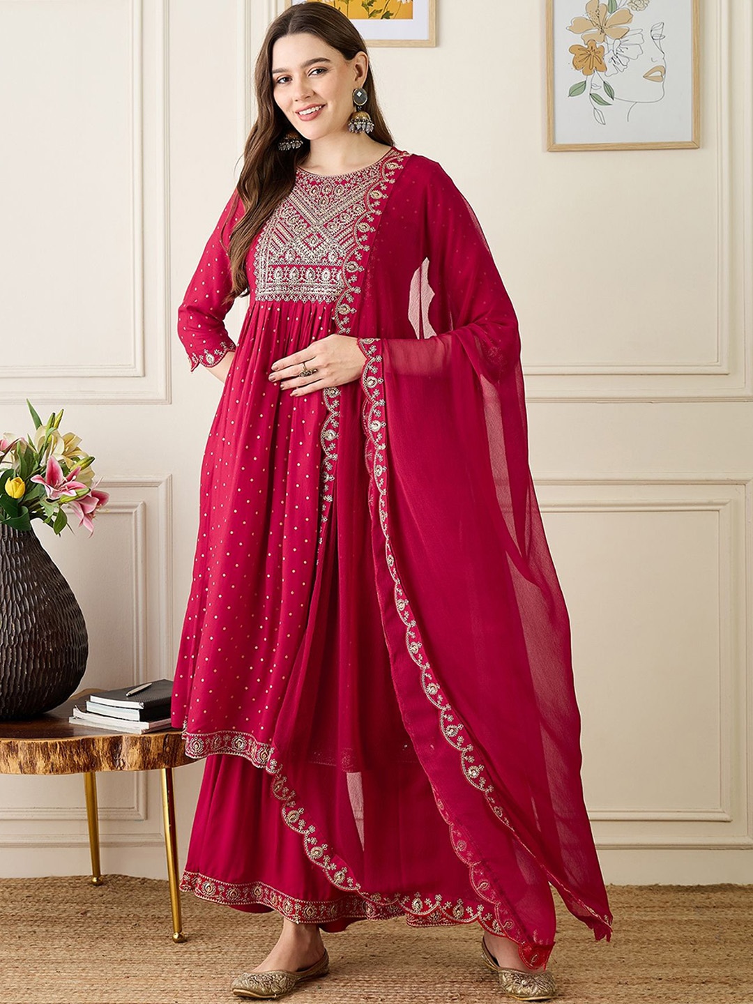 

Anouk Ethnic Motifs Yoke & Border Zari Embroidered Empire Kurta with Trousers & Dupatta, Red