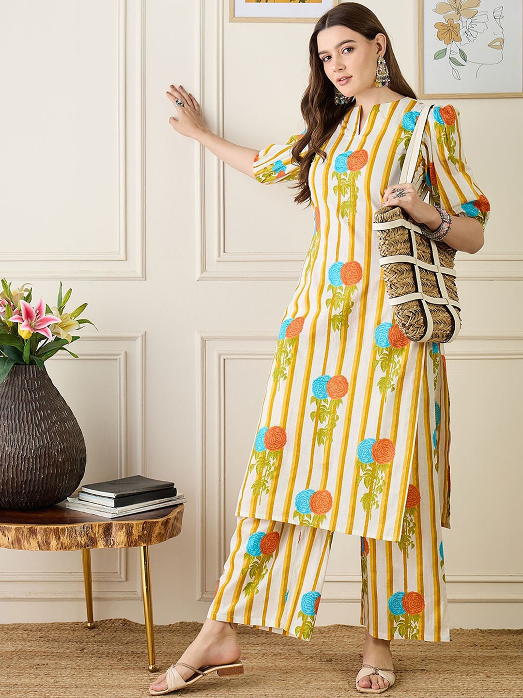 

Anouk Floral Printed Pure Cotton Straight Kurta With Trousers, Beige