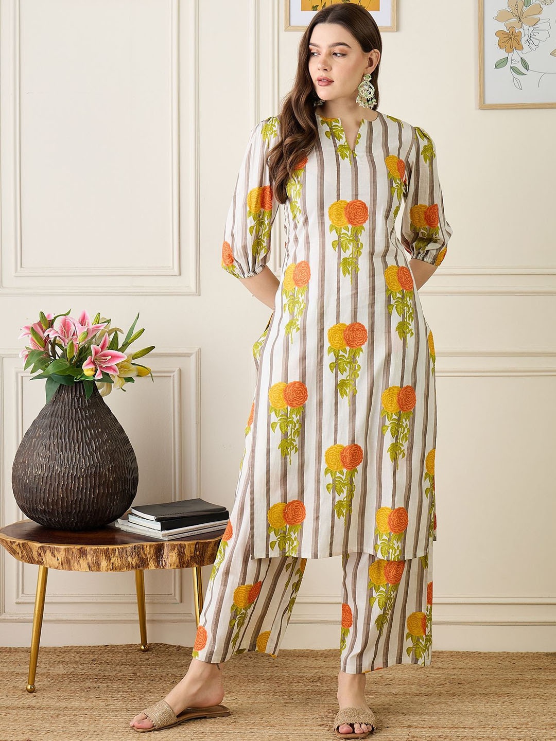 

Anouk White, Yellow Floral Printed Straight Pure Cotton Kurta with Trousers