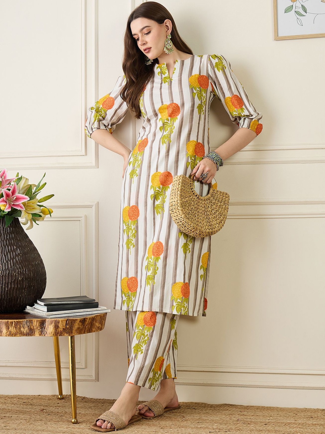 

Anouk White, Yellow Floral Printed Straight Pure Cotton Kurta with Trousers