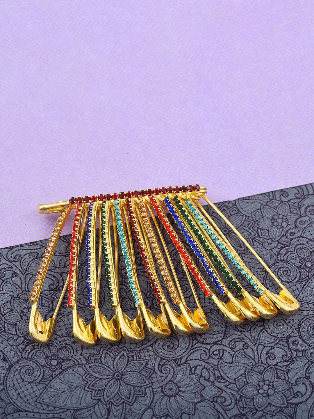 MEMOIR Set Of 12 Gold-Plated Stone Studded Saree Pin
