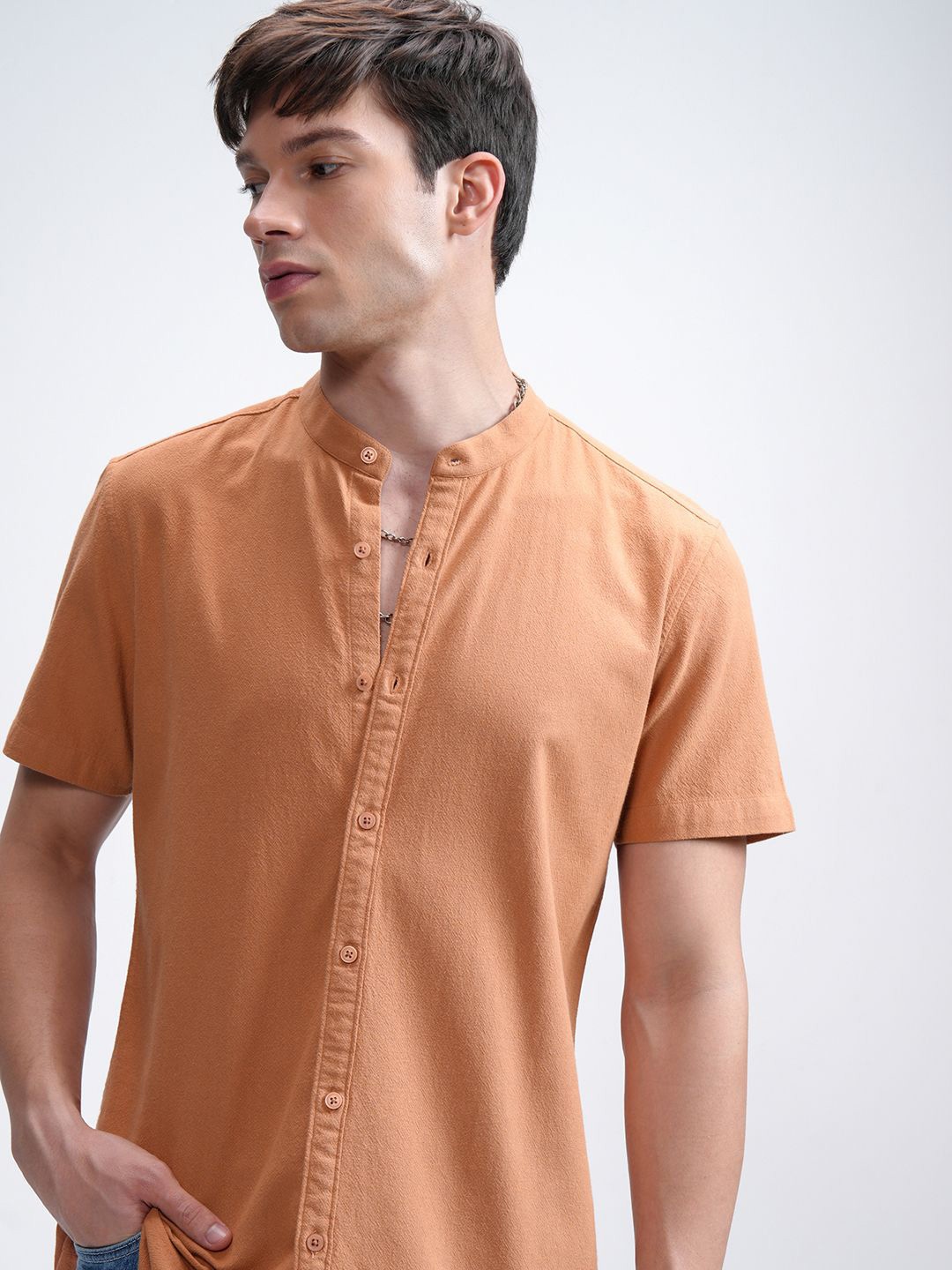 

HIGHLANDER Men Band Collar Solid Cotton Casual Shirt, Orange