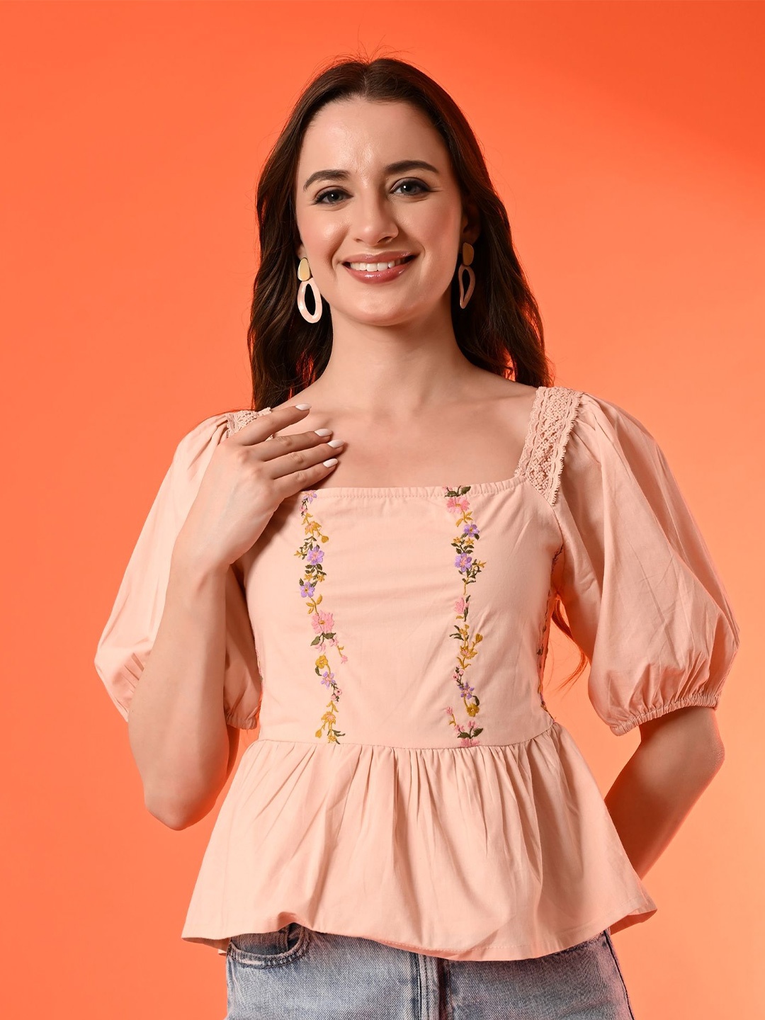 

Fuchsia Floral Embroidered Puff Sleeve Cotton Peplum Top, Peach