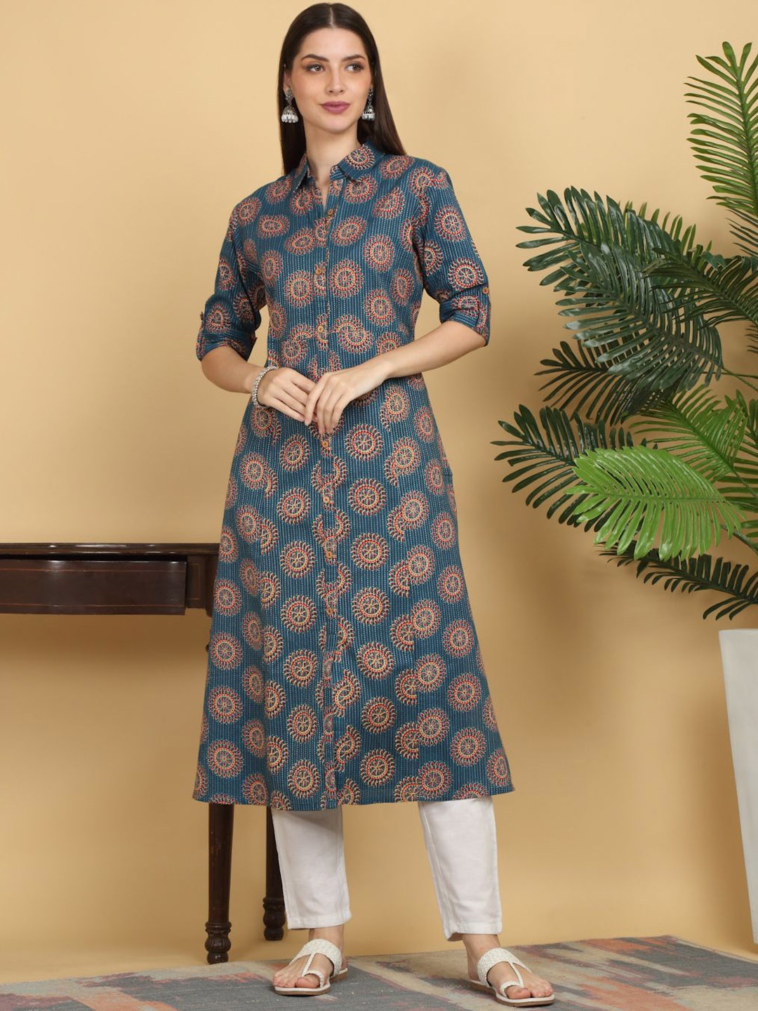 

KALINI Ethnic Motifs Printed Cotton A-Line Kurta, Blue