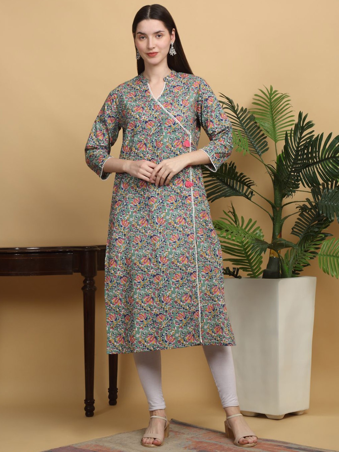 

KALINI Floral Printed Angrakha Kurta, Green