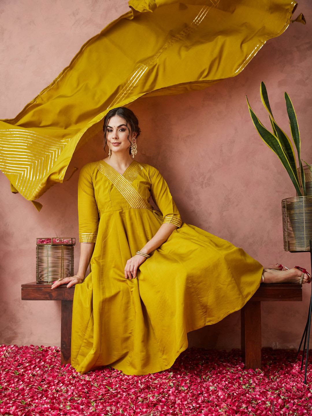 

KAVINDI V-Neck Angrakha Gotta Patti Pure Silk Anarkali Kurta With Trouser With Dupatta, Mustard