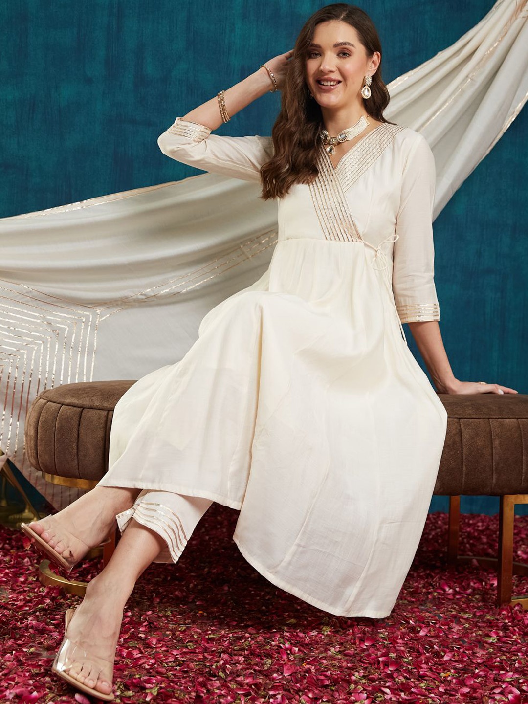 

KAVINDI V-Neck Angrakha Gotta Patti Pure Silk Anarkali Kurta With Trouser With Dupatta, Off white