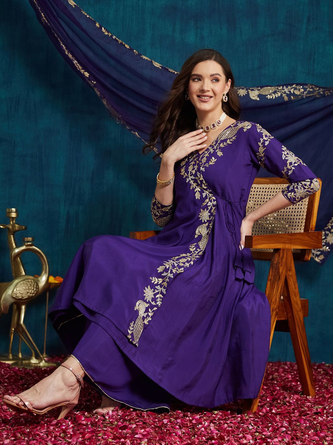 

KAVINDI Floral Embroidered Angrakha Sequinned Pure Silk Kurta With Palazzo With Dupatta, Purple