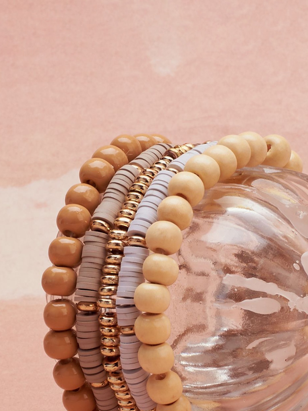

SALTY Women Sunset Set Of 5 Beaded Elasticated Wood Bracelets, Gold