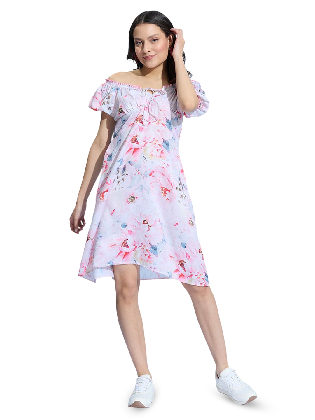 

HERE&NOW Floral Print Off-Shoulder Satin Fit & Flare Dress, Off white